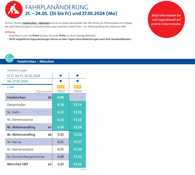 Fahrplanänderung 21. bis 240524